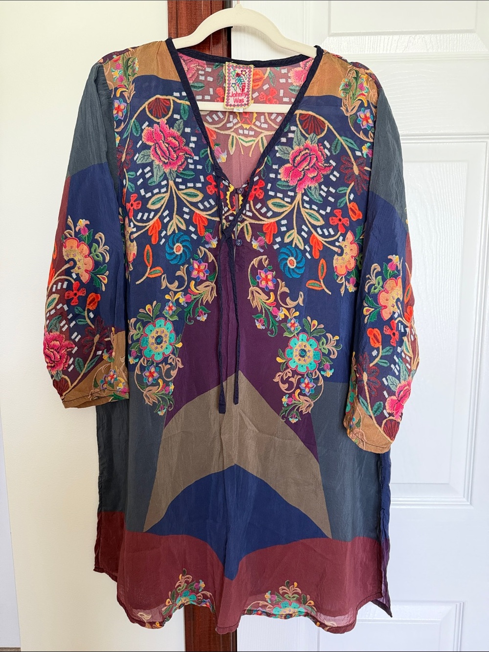 Johnny Was Navy Multicolor Long Sleeve Boho Tunic